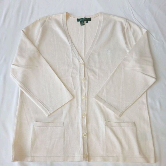 Lauren Ralph Lauren Womens Silk Blend Cardigan Sweater M Oatmeal Ivory - Picture 1 of 8